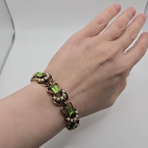 Chunky Gold Baroque Pearl Green Crystal Bracelet Vintage Faux seed pearls